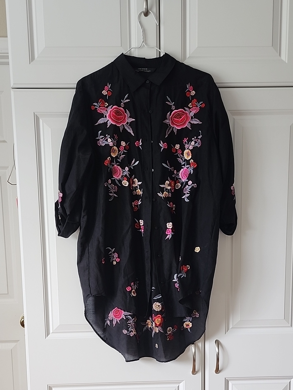 Zara Black Button-Down Shirt with Pink & Red Floral Embroidery